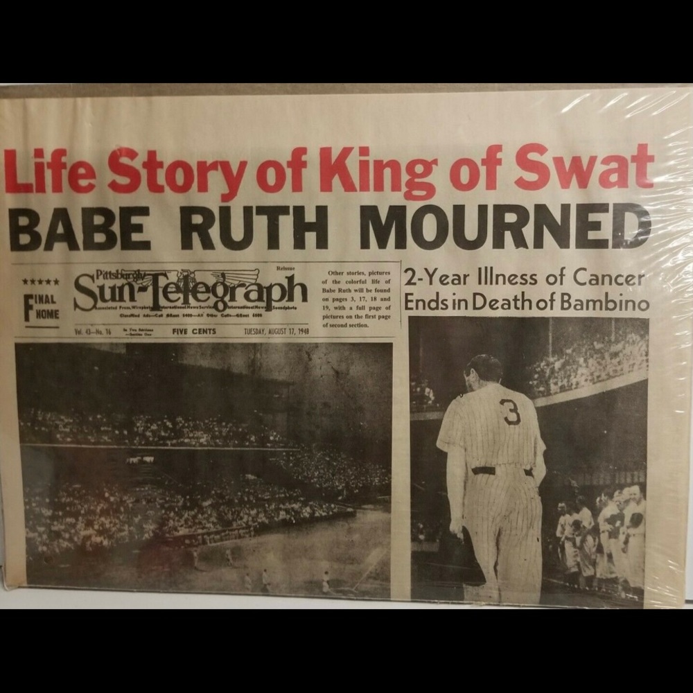 1948 Pittsburgh news paper. Babe Ruth death.